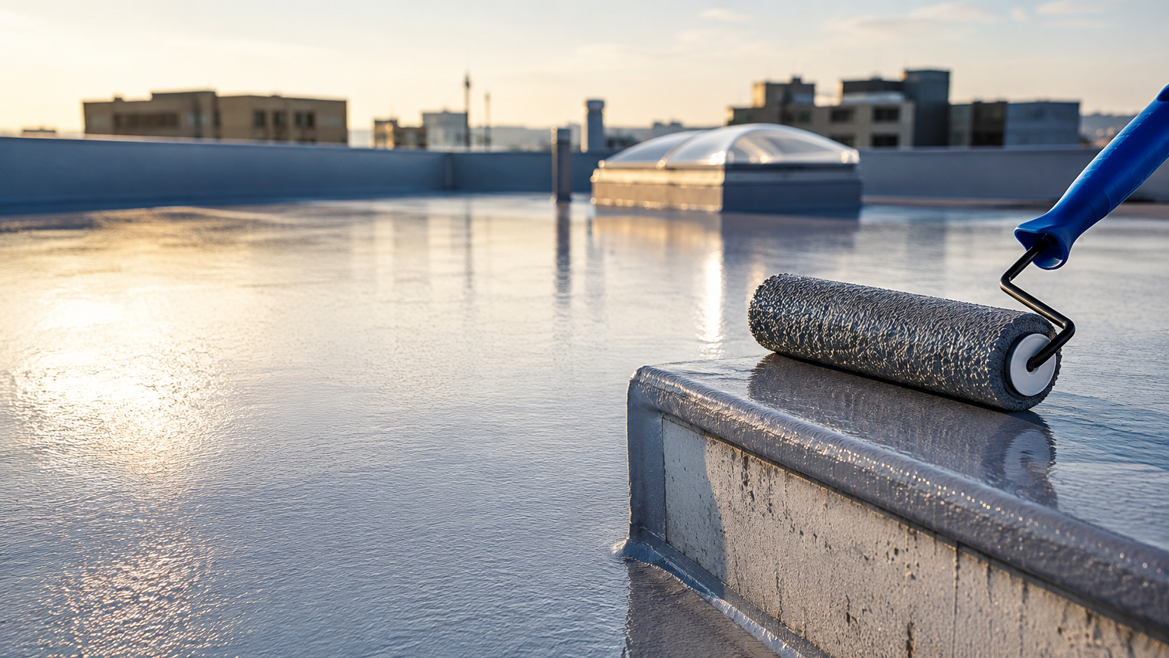 Paint roller on a flat rooftop at sunrise, with wet reflective coating and city buildings in the background