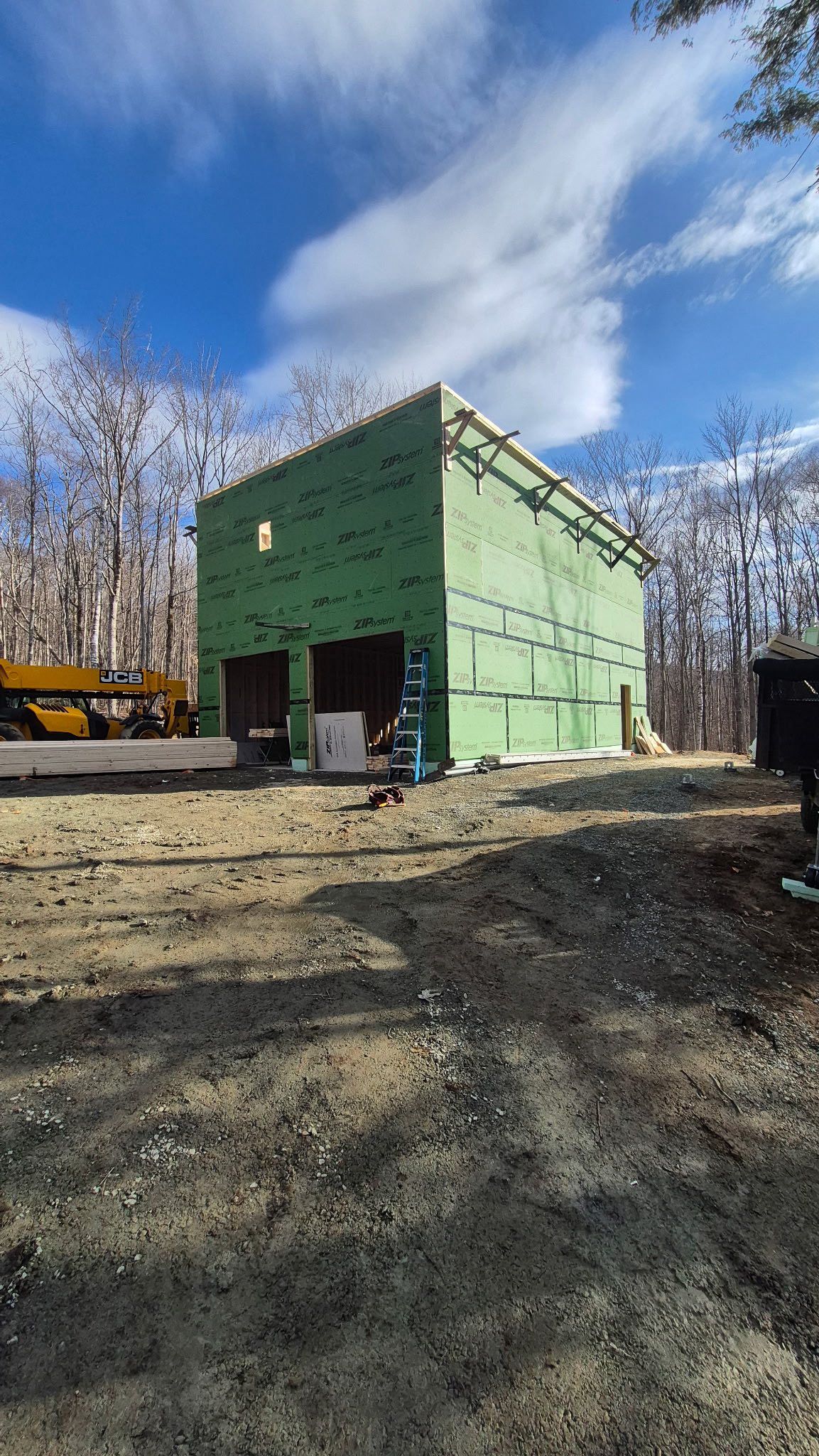 Green building under construction on a dirt lot, with bare trees and blue sky in the background