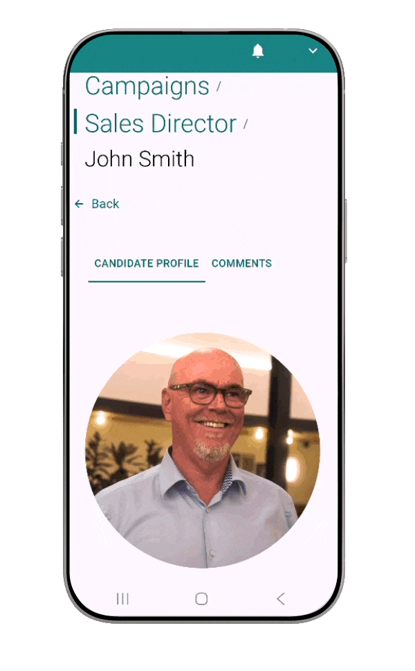 Campaigns profile for John Smith, with tabs and a circular portrait photo on a mobile screen