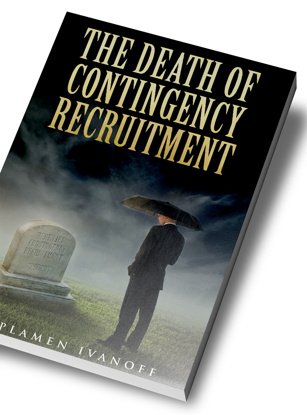 Book cover showing a person with an umbrella standing before a tombstone under a dark, stormy sky.