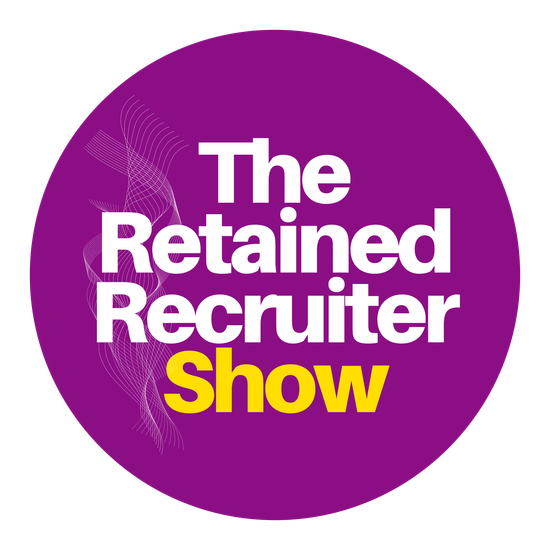 Purple circular logo with white and yellow text reading “The Retained Recruiter Show”