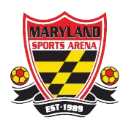 Logo for Maryland Sports Arena: a shield with the Maryland flag, red borders, and soccer balls on both sides, dated 1989.