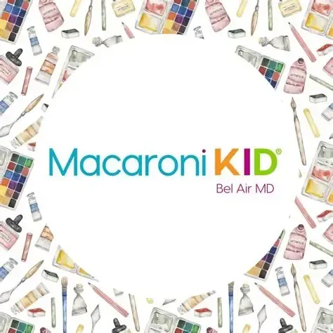 Macaroni Kid Bel Air logo with colorful craft supplies framing a white center background