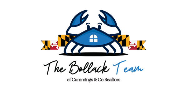 Logo of The Bollack Team of Cummings & Co Realtors: a blue crab shaped like a house, set against a Maryland flag banner.
