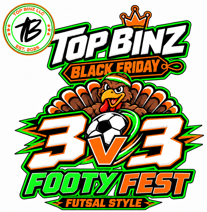 Top Binz Black Friday 3v3 Footy Fest logo with a soccer ball, turkey, and orange-green text