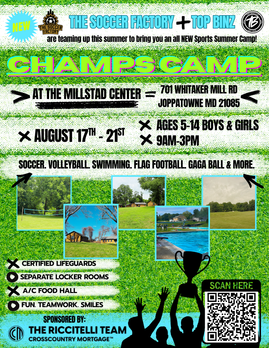 Colorful Top Binz CHAMPS CAMP flyer for July–August at Millisfield Center with sports, photos, and QR code.