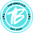 Logo for Top Binz LLC: blue circle with white text and initials 