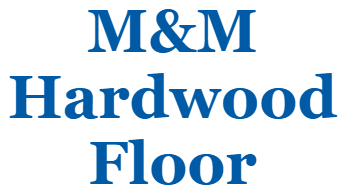 A blue and white logo for m & m hardwood floor