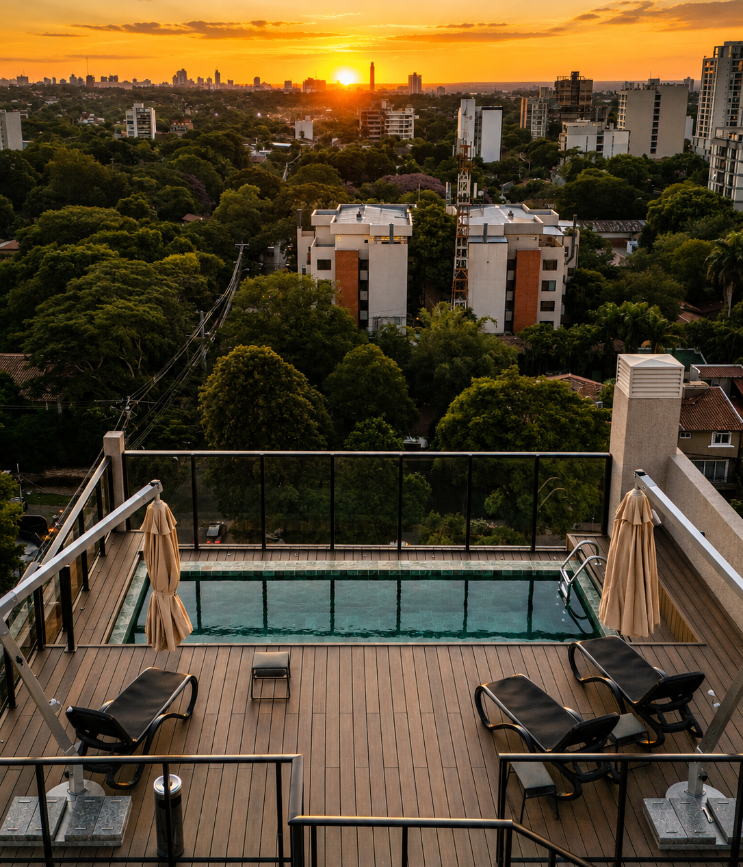 Una vista aérea de una mujer recostada en un sofá junto a una piscina.