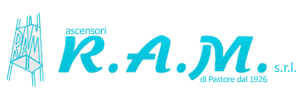 Logo per RAM Ascensori, azienda specializzata in ascensori, con una combinazione di colori verde acqua e un design stilizzato di ascensore.