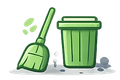 A green broom and a matching green trash can sitting on a light gray floor.
