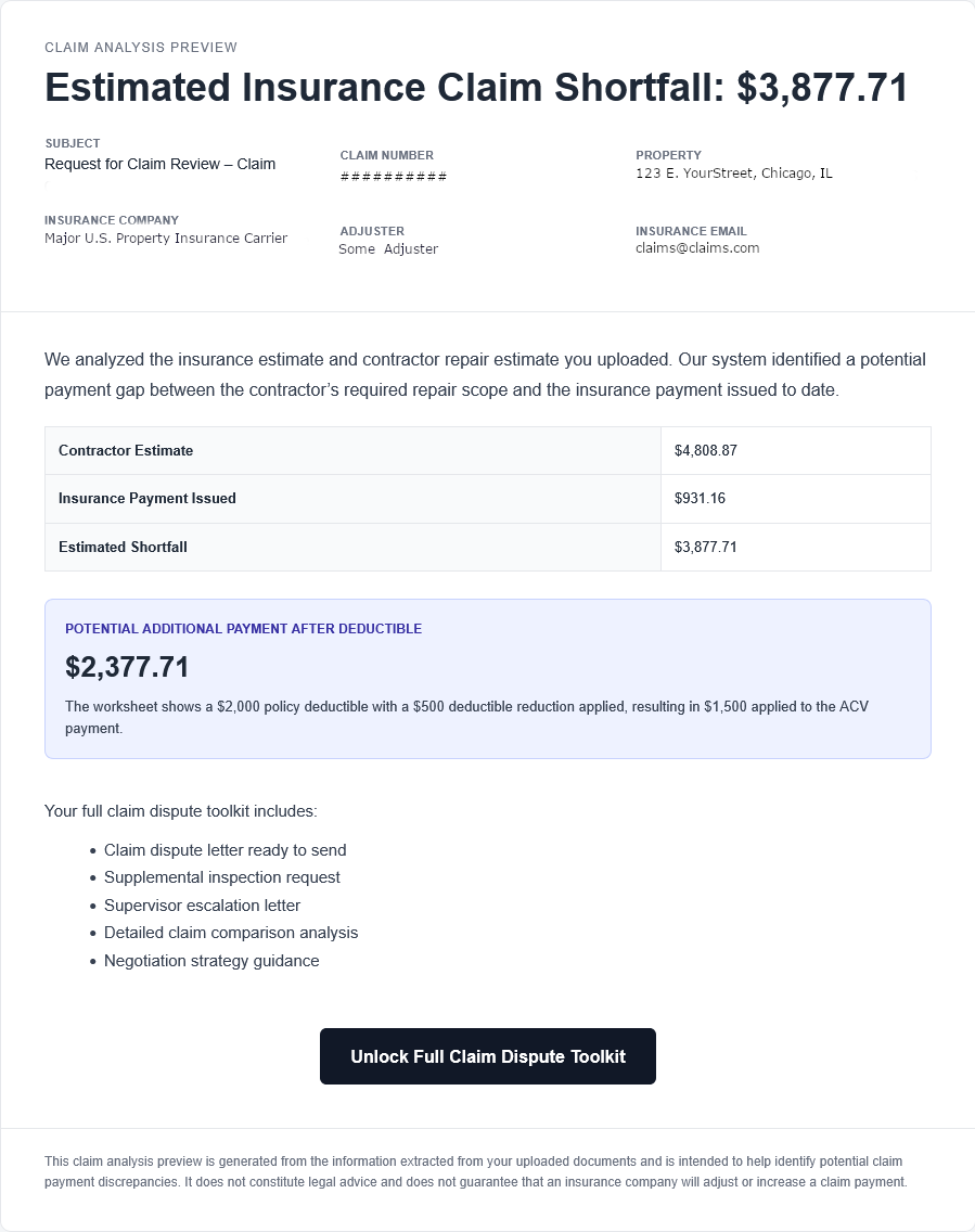 A document showing an estimated insurance claim shortfall of $3,877.71, with cost breakdown and a button to view details.