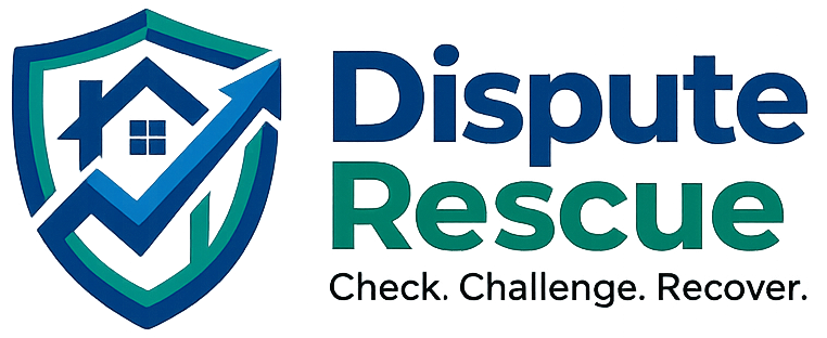 The Dispute Rescue logo features a shield icon with a house and an upward arrow, next to the company name and tagline.