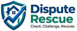 The Dispute Rescue logo features a shield icon with a house and an upward arrow, next to the company name and tagline.