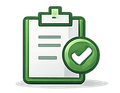 A green clipboard icon featuring a white checklist and a green circle with a white checkmark.