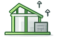 A green-outlined icon of a house with upward-pointing arrows, symbolizing rising home prices or property value.
