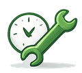 A green wrench overlapping a stylized green clock, symbolizing maintenance time or service duration.