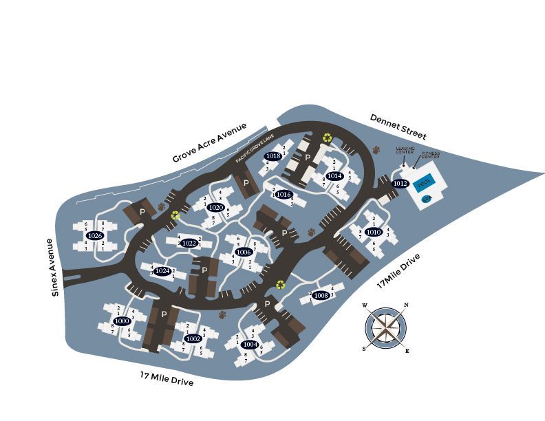 Top-down map of a park with winding paths, buildings, trees, and labeled roads around the edge