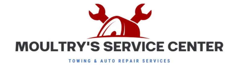 Logo for Moultry's Service Center featuring a red wheel and wrenches above dark text reading