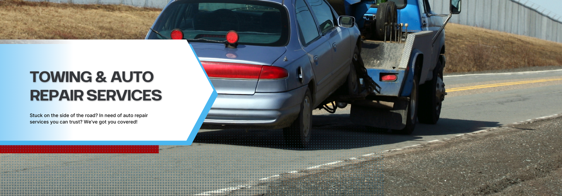 A tow truck pulling a gray sedan on a road with a text overlay for towing and auto repair services.