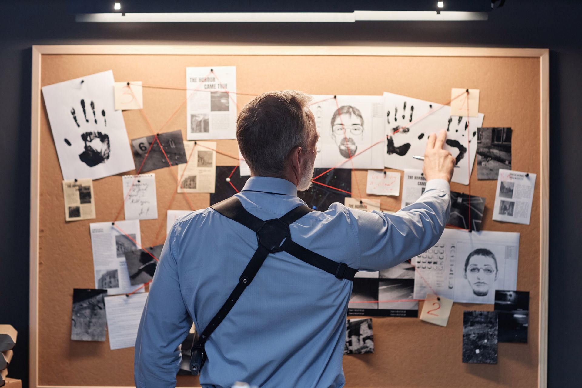 A detective is standing in front of a bulletin board.