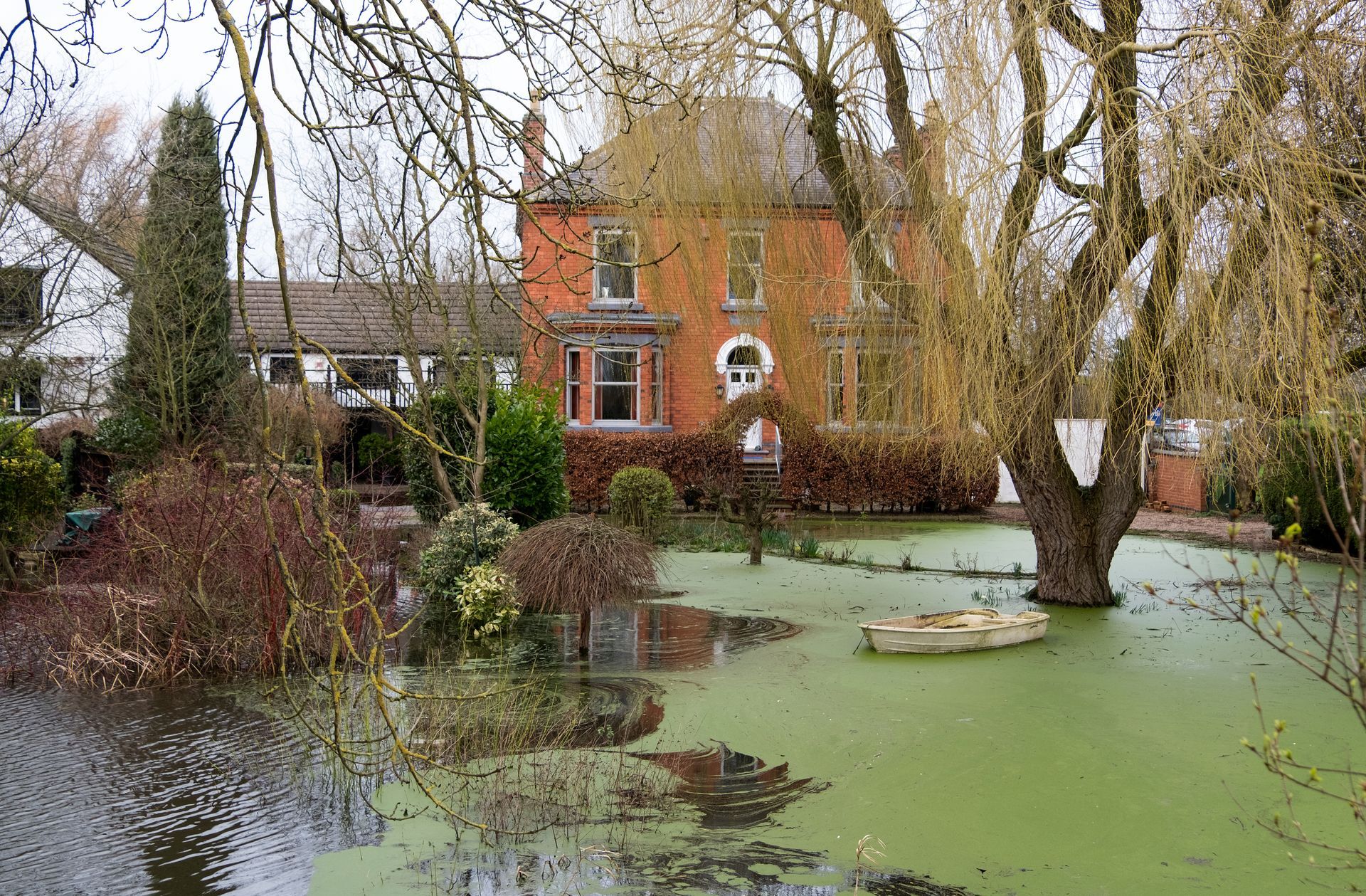 Flooded yard surrounds a red brick house with a bay window; green algae on the water.