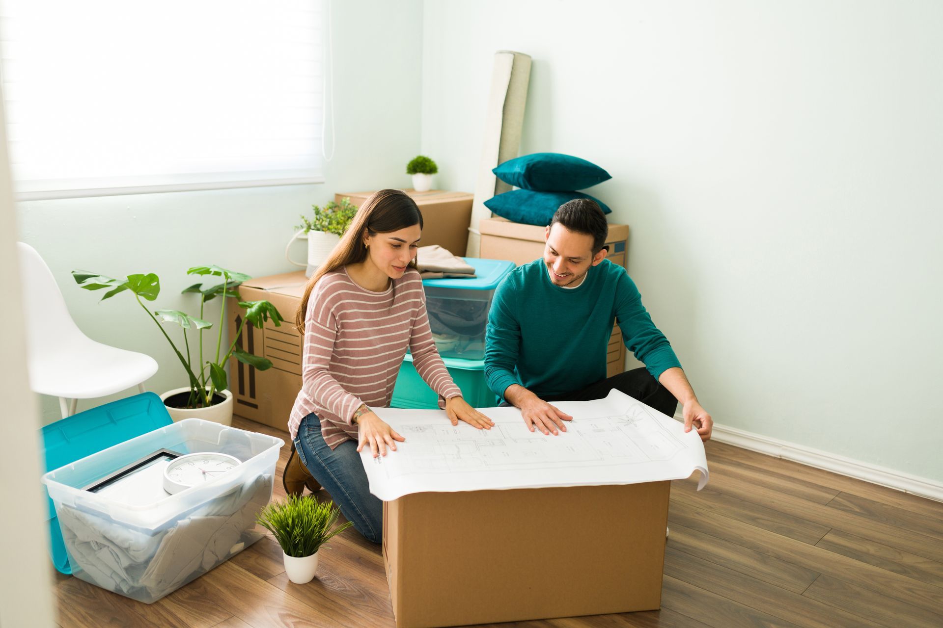 Couple packing moving boxes in a bright room with cardboard boxes and a plant.