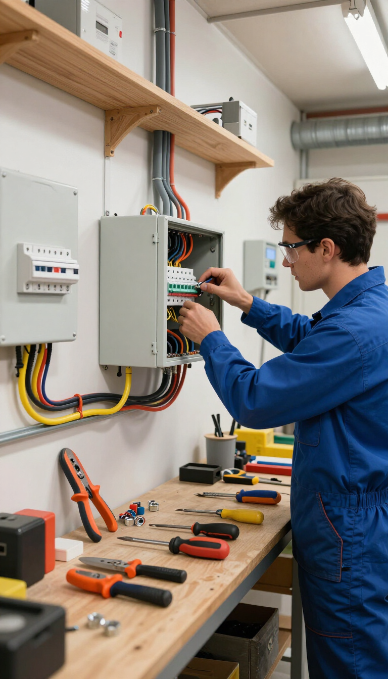 Open electrical breaker panel in a wooden-framed wall under construction, with tools on a workbench in front.