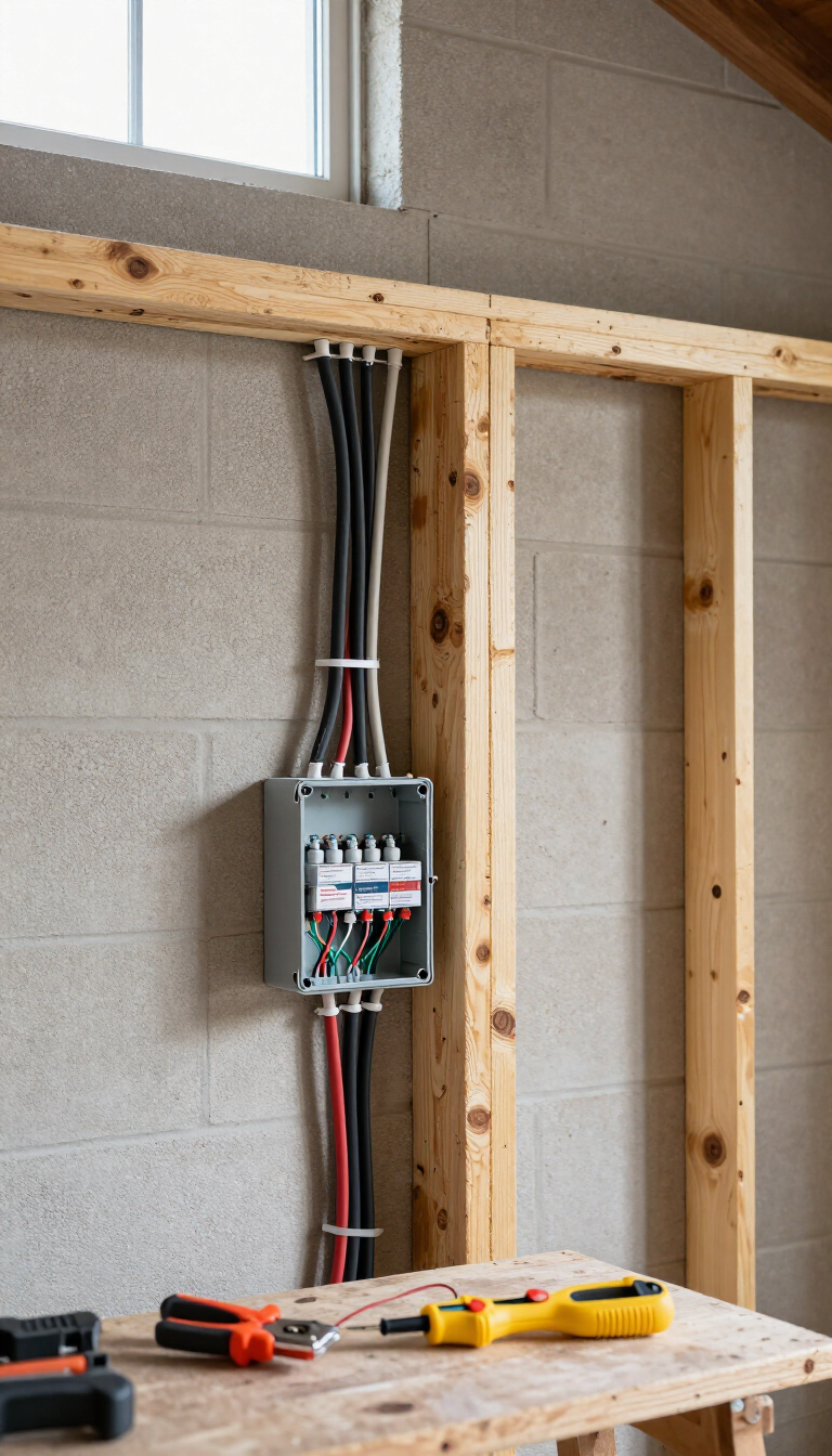 Open electrical breaker panel in a wooden-framed wall under construction, with tools on a workbench in front.