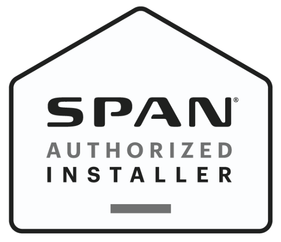 A black-and-white house-shaped badge labeled