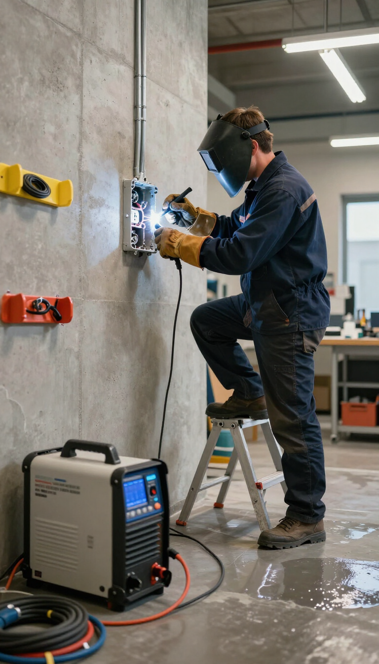 Worker welding a wall-mounted metal fixture in a workshop, wearing protective gear and standing on a step stool.