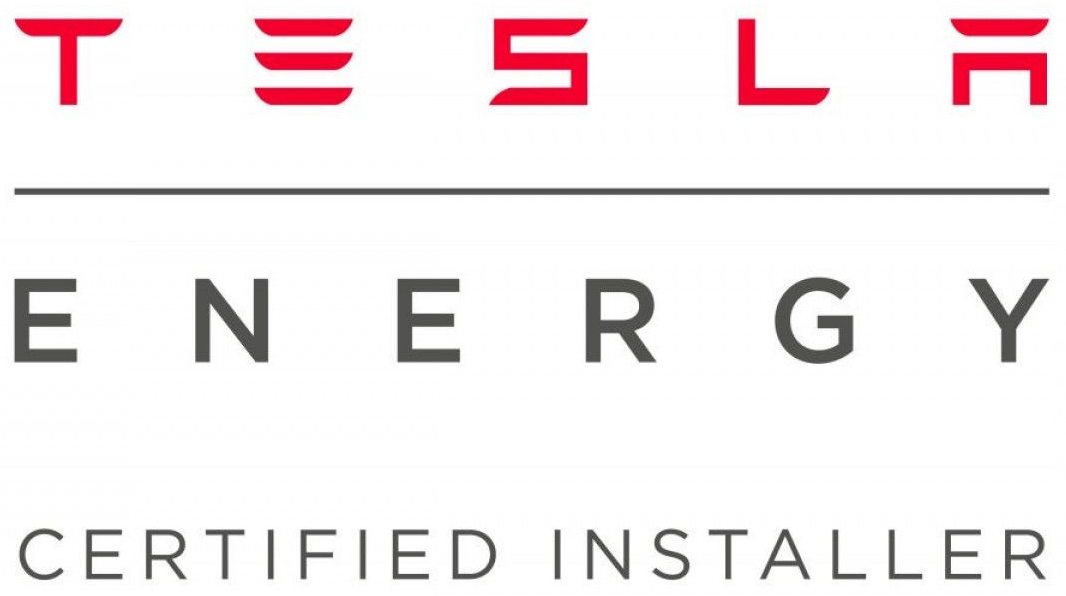 A Tesla Energy Certified Installer logo with red text for 