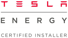 Tesla Energy Certified Installer logo with red Tesla wordmark and grey Energy text on a white background.