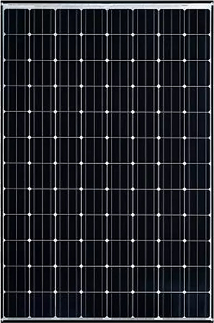 A rectangular solar panel featuring a grid of dark, uniform cells framed in silver.
