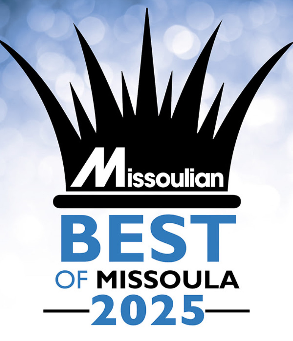 A black crown graphic above the blue and black text 