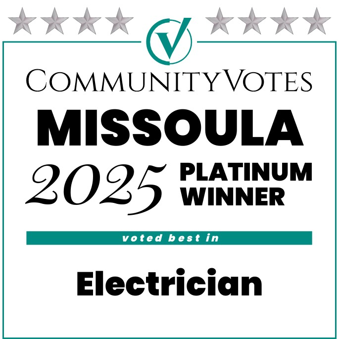 CommunityVotes Missoula 2025 Platinum Winner award badge for Electrician with a teal logo and stars on a white background.