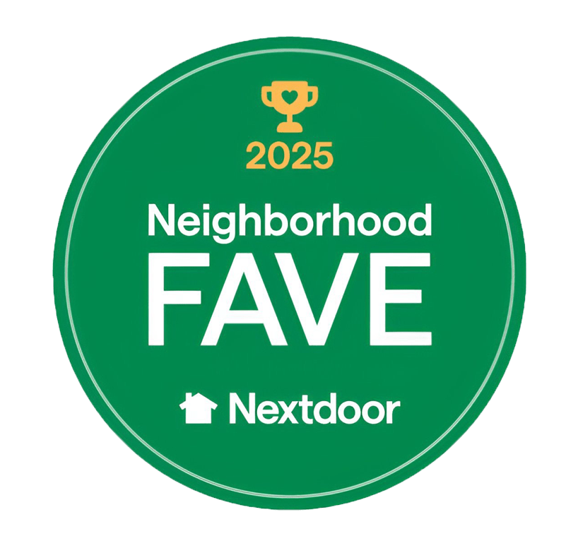 Green circular Nextdoor Neighborhood Fave 2025 award badge featuring a gold trophy icon.