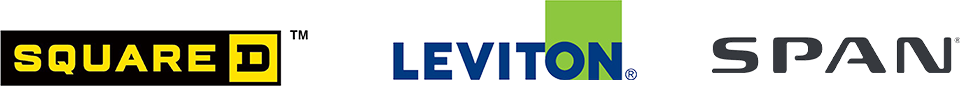 The logos for Square D, Leviton, and Span displayed side by side.