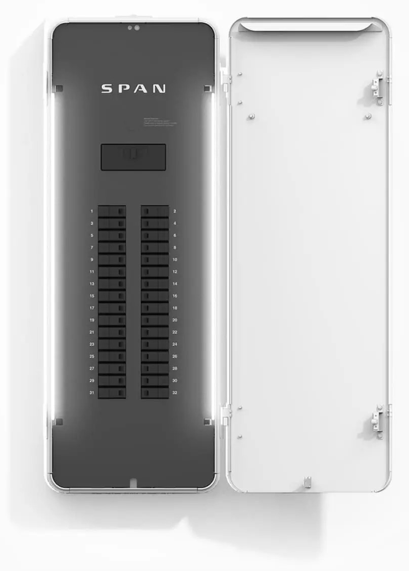 A gray SPAN smart electrical panel with its white outer door open, revealing two columns of small circuit breakers.