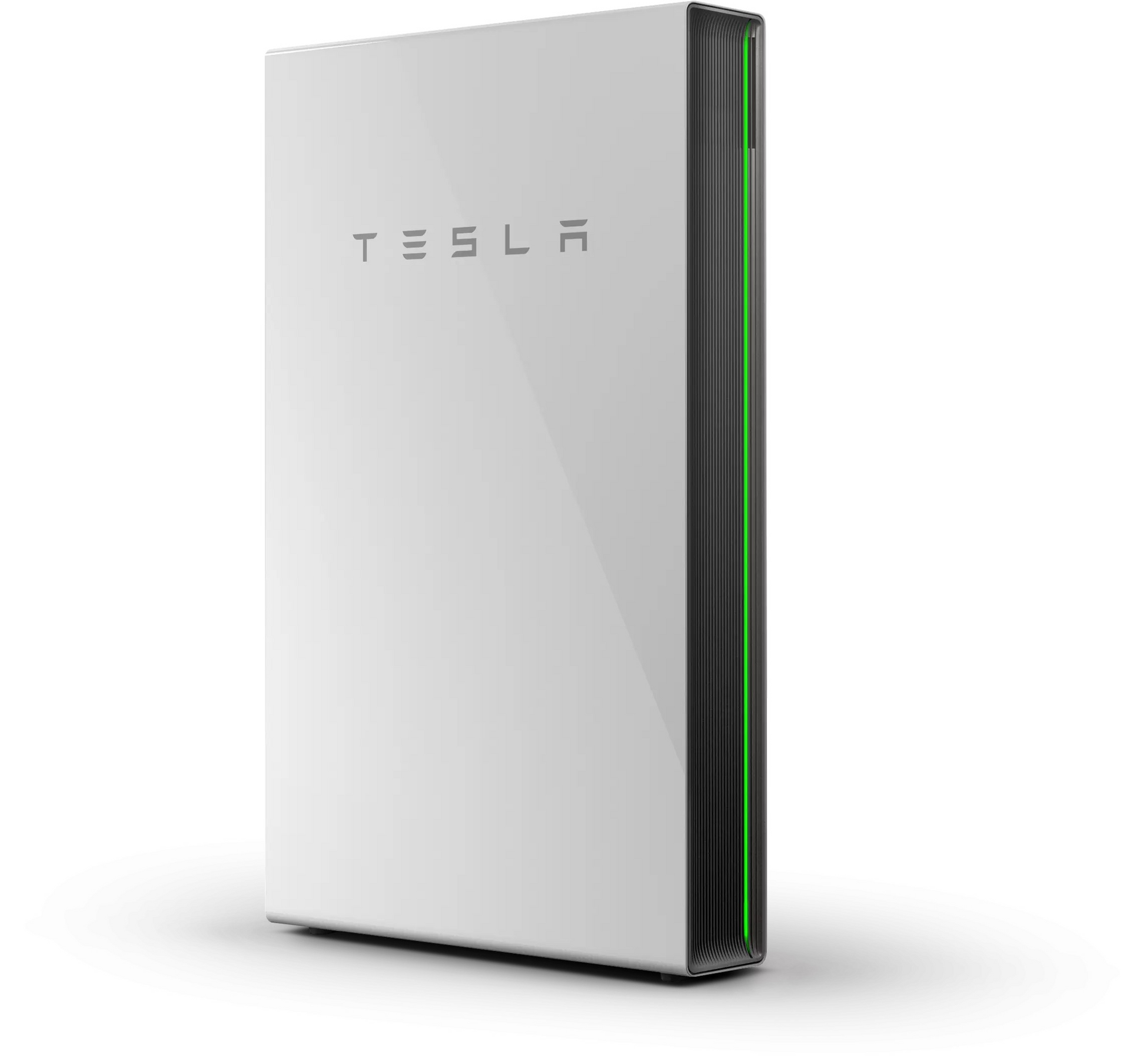 A white Tesla Powerwall home battery unit featuring a sleek, minimalist design with a glowing green edge.