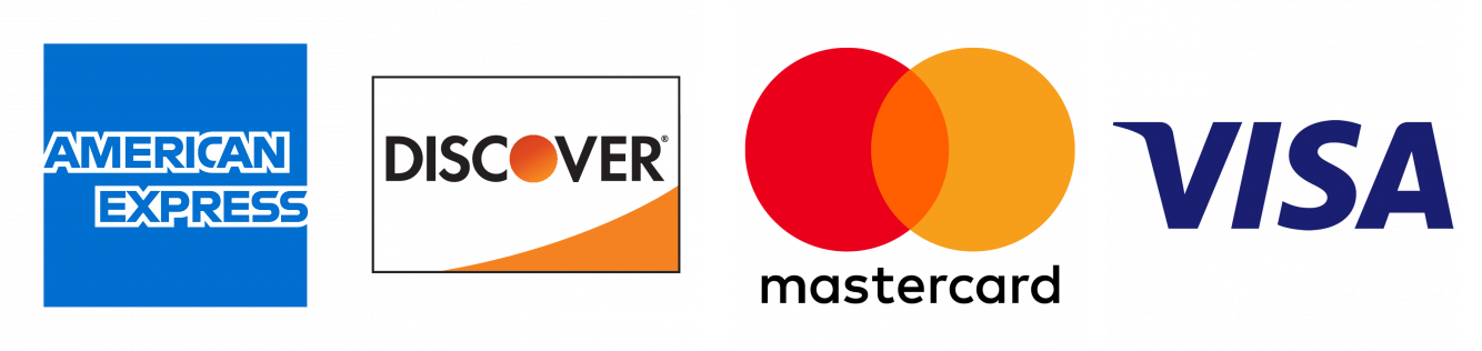 Logos for American Express, Discover, Mastercard, and Visa on a white background