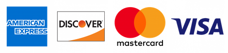 Logos for American Express, Discover, Mastercard, and Visa on a white background