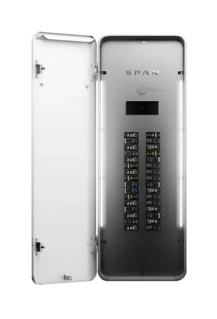 A SPAN smart electrical panel with its door open, showing the internal circuit breakers and a digital display screen.