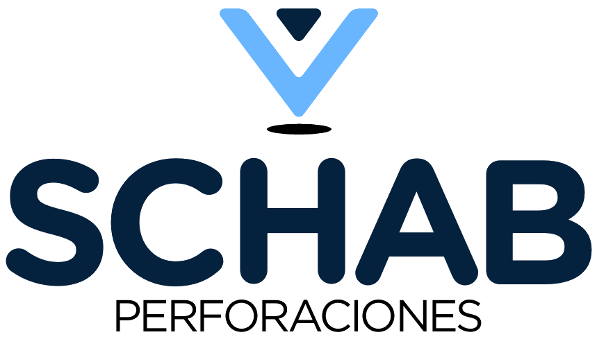 Logotipo de SCHAB Perforaciones en azul marino y azul claro con icono V estilizado sobre el nombre.