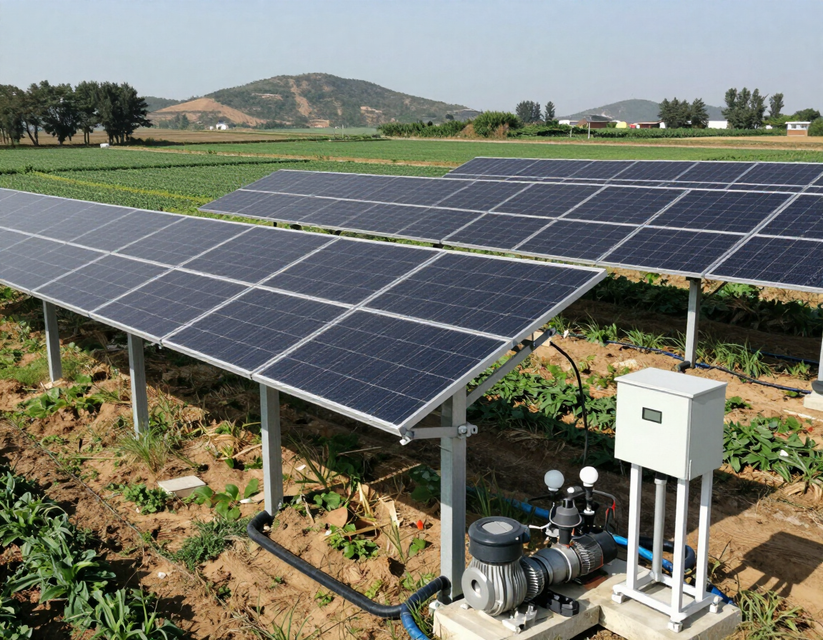 Paneles solares en un campo con colinas a lo lejos y una pequeña unidad de control eléctrico en primer plano.