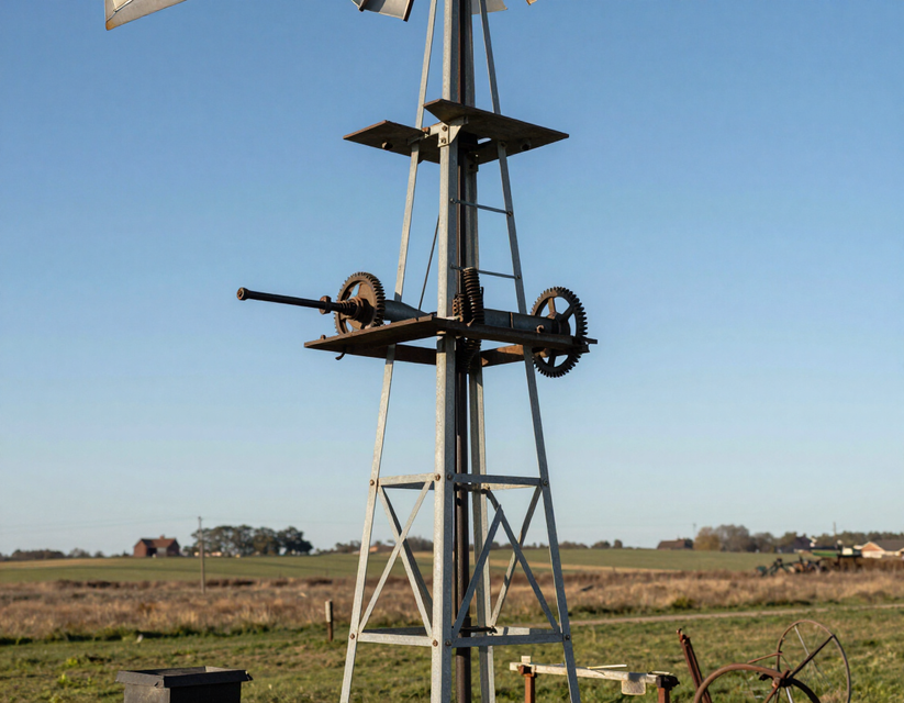 Alta torre metálica de molino de viento en un campo rural bajo un cielo azul despejado.