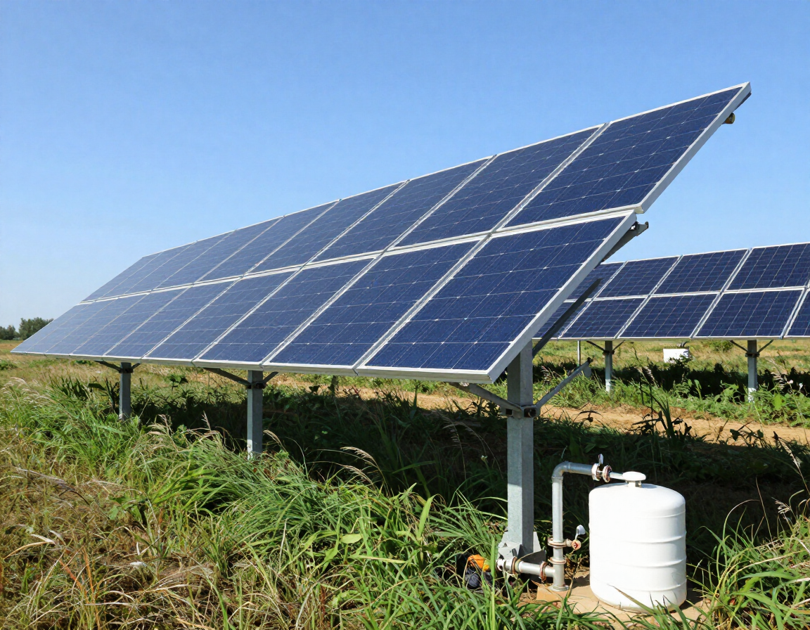 Paneles solares en un campo de hierba bajo un cielo azul, con un tanque de servicios públicos blanco cerca.