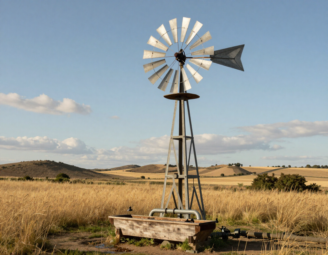 Un molino de viento en un campo seco de hierba bajo un cielo azul con nubes dispersas.