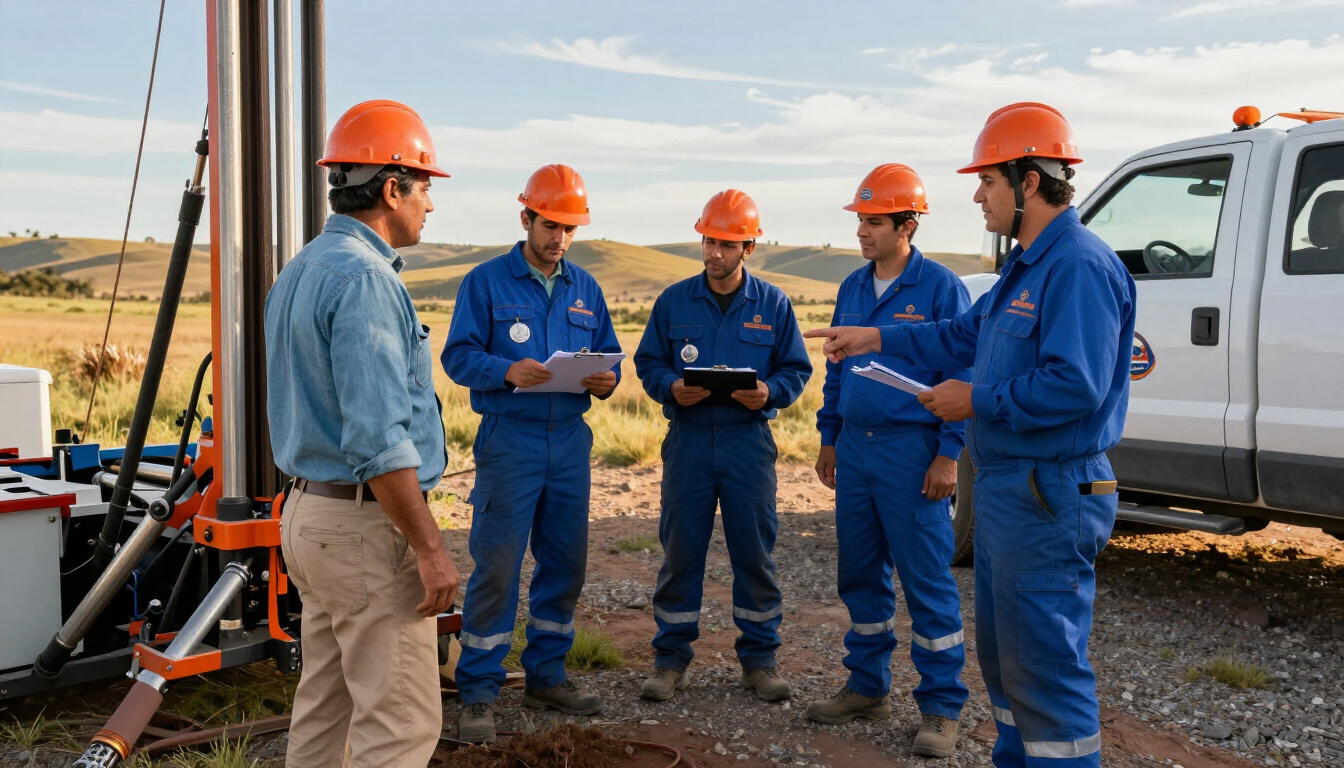Trabajadores con monos azules y cascos naranjas conversan junto a equipos de servicios públicos y un camión blanco en un lugar de trabajo.