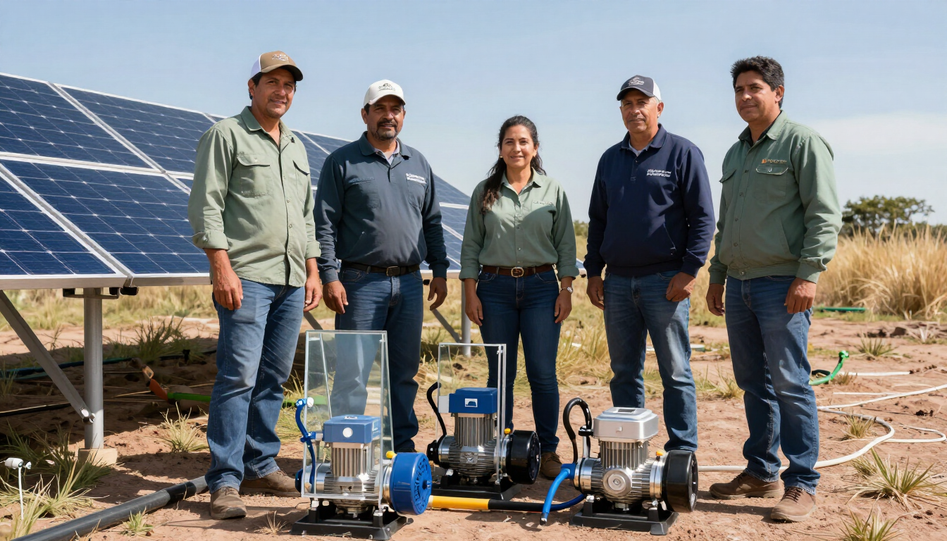 Cinco personas permanecen de pie junto a paneles solares y equipos en un campo seco bajo un sol radiante.